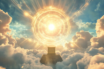 Wall Mural - a celestial temple 3d background featuring a golden podium floating among the clouds. giant glowing 