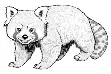 Poster - Black and white line drawing illustration of an American red panda walking towards the viewer, smiling with its tail raised up in front of it. The lines should be clean and precise to highlight