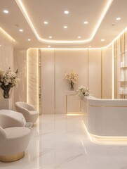 Poster - Elegant interior design of a modern spa reception area with soft lighting and floral arrangements. Generative AI