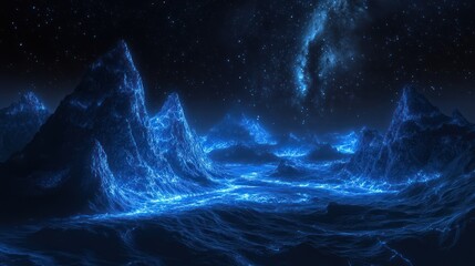 glowing alien mountains, nebula backdrop, fantasy landscape, sci-fi background