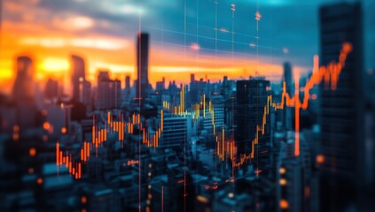 Poster - City Skyline at Sunset with Stock Market Data Overlay