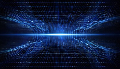 Aufkleber - futuristic blue digital grid horizon with glowing light burst, abstract cyberspace background for technology and sci-fi design