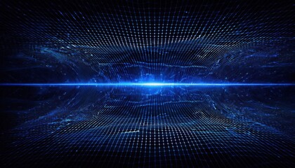Poster - futuristic blue digital grid horizon with glowing light burst, abstract cyberspace background for technology and sci-fi design