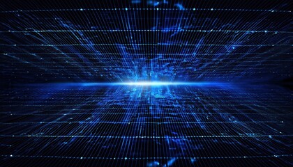 Aufkleber - futuristic blue digital grid horizon with glowing light burst, abstract cyberspace background for technology and sci-fi design
