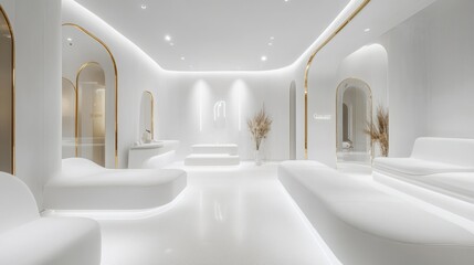 Poster - Stylish modern interior design of a minimalist spa with white walls and elegant arches in a serene atmosphere. Generative AI