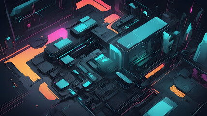 Poster - Abstract digital technology background with glowing lines and circuit elements in blue tones