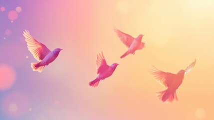 Poster - Colorful birds soar through a glowing sky during sunrise, enhancing the beauty of nature. Generative AI
