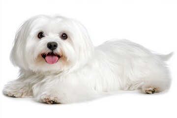Poster - Cute Maltese dog with tongue out, isolated on a white background. Detailed photograph, high-resolution photography, professional color grading, soft shadows, low contrast, and clean, sharp focus