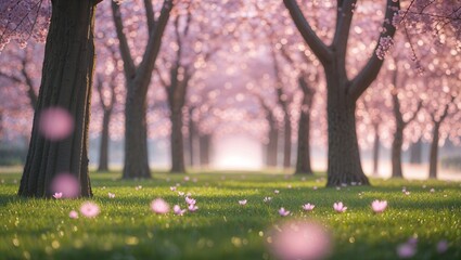 Wall Mural - cherry blossom trees create a serene pathway with blooming petals in a tranquil park during springti