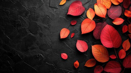 Canvas Print - Colorful Red and Orange Autumn Leaves on Dark Textured Surface Creating a Surreal and Warm Natural Composition