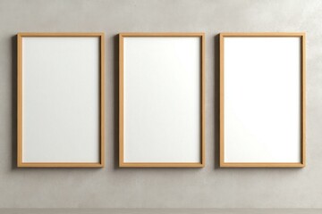 Aufkleber - Four wooden picture frames with blank white canvases on a beige wall, a simple design in a minimalist style. Front view, no shadows, hyper-realistic