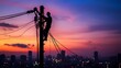 A man is working on a power line pole at sunset. The sky is a beautiful mix of orange and pink hues, creating a serene and peaceful atmosphere