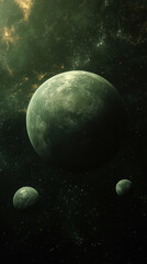 green planet with two moons in starry space
