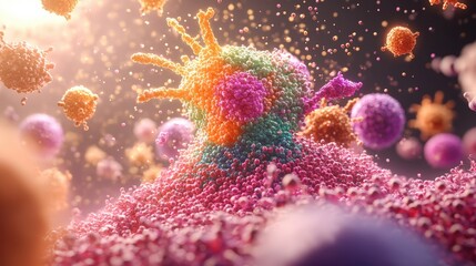 Poster - Group of viruses floating in the air with a blurred background depicting microscopic view of pathogens