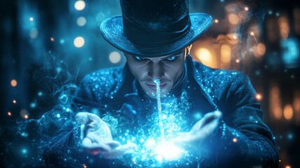 Wall Mural - A magician in a top hat making a glowing fountain of magic appear 