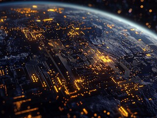 Poster - An abstract representation of a globe with a futuristic circuit board design, illuminated by blue and orange lines, representing technology.