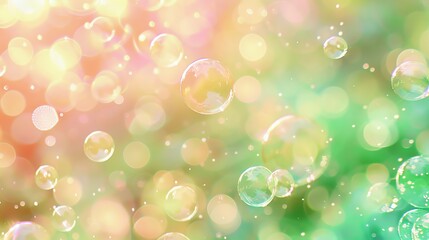 Wall Mural - a dreamy background of bubbles floating in the air with a blurred colorful backdrop.