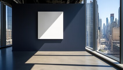 Poster - Blank Canvas Mockup in Modern Gallery with City Skyline View