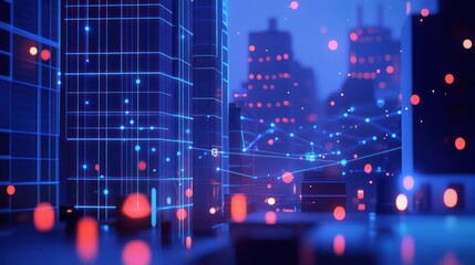 Poster - Futuristic city at night, data network, glowing cityscape, digital connections, technology background, website header