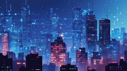 Poster - Futuristic city skyline at night, digital network