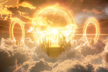 Wall Mural - a celestial temple 3d background featuring a golden podium floating among the clouds. giant glowing 