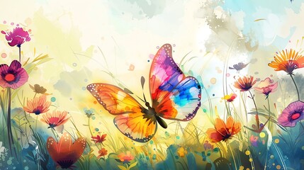 Wall Mural - a watercolor painting of a colorful butterfly in a field of flowers.