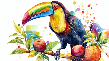 Wall Mural - a colorful watercolor painting of a toucan sitting on a branch with apples.