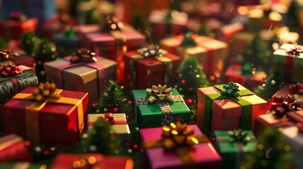 Wall Mural - a festive scene with a pile of wrapped presents and small christmas trees.