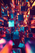 © Volodymyr - A dynamic 3D abstract background with an intricate arrangement of luminous cubes, shifting positions in a synchronized, fluid motion. The glowing neon reflections and digital textures create a