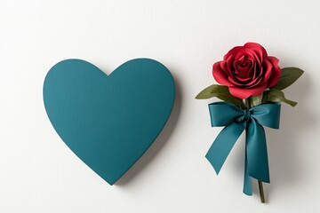 Poster - Valentine's Day heart-shaped gift box with a red rose and ribbon on a white background, in a colorful paper art style, high resolution, with copy space for text or a logo, wide-angle view, no