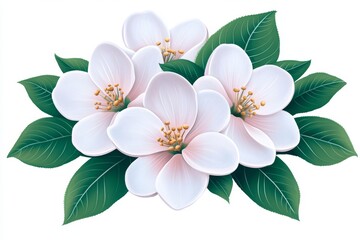 Wall Mural - Watercolor white apple blossom flowers with green leaves, vector illustration, isolated on the background