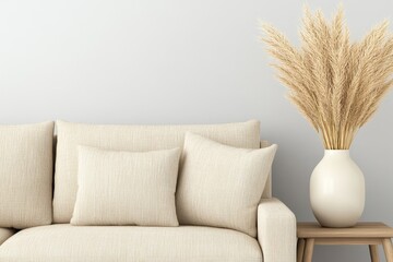 Aufkleber - White sofa and side table against a light gray wall with white trim, interior design of a modern living room mockup. Soft beige color palette. Minimalist home decor. White pampas grass in a