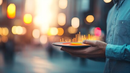 Aufkleber - A business analyst is presented with a 3D pie chart that is segmented and features various shades of blue, orange, and green, accompanied by arrows and icons illustrating trends and insights