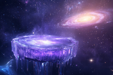 Wall Mural - a celestial 3d background with a podium made of glowing crystalline material, floating among the sta