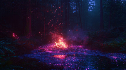 Aufkleber - Enchanted night campfire in mysterious forest with glowing sparks
