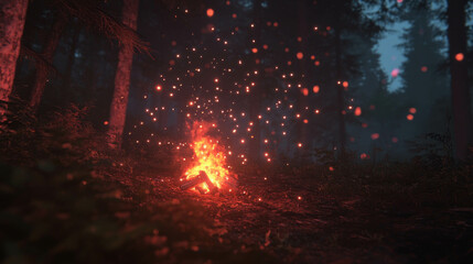 Poster - Enchanting campfire with sparks in mysterious dark forest night