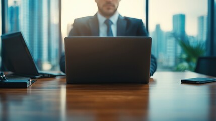 Poster - Businessman in suit working on laptop at table with documents and coffee in modern office setting