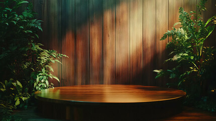 Poster - Warmly lit dark wooden podium with rust accents and natural foliage