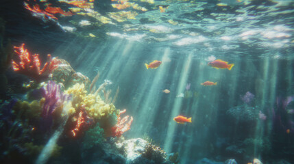 Poster - Vibrant coral reef with diverse marine life and sunlit waters
