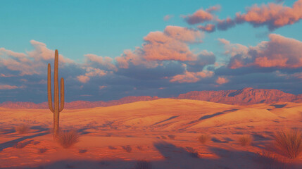 Poster - Golden sand dunes in desolate desert with dramatic sky at sunset