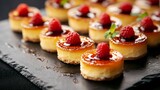 High-resolution photography of mini crème brûlée desserts arranged on a slate platter, ideal for catering or a dessert buffet