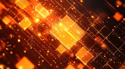 Poster - Abstract orange digital grid, glowing particles background, technology concept, website banner