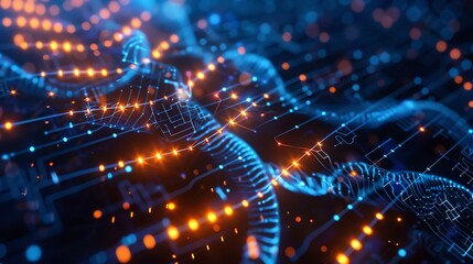 Poster - Abstract 3D illustration of wavy, glowing blue and orange lines and dots.