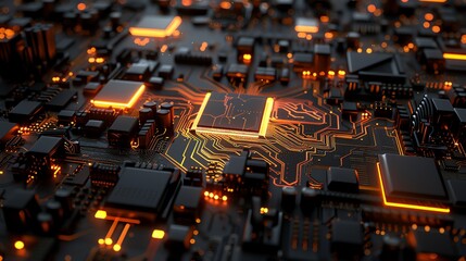 Poster - A 3D rendering of a circuit board with a glowing processor in the center.