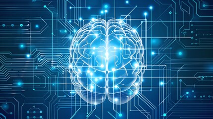 Poster - An illustration of a human brain with glowing lines on a dark blue background.