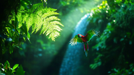 Poster - Serene jungle waterfall with vibrant parrot and lush exotic plants