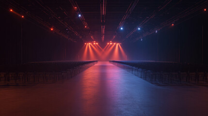Aufkleber - Dimly lit long catwalk leading to a stage with dramatic lighting in a spacious hall