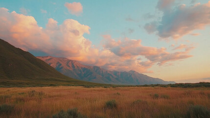 Poster - Majestic mountain range at sunset with golden light and dramatic clouds in scenic landscape