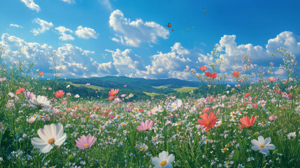 Poster - Blooming spring meadow with colorful wildflowers and butterflies under a clear blue sky