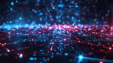 Poster - A digital rendering of a network of glowing blue and red lines and dots.
